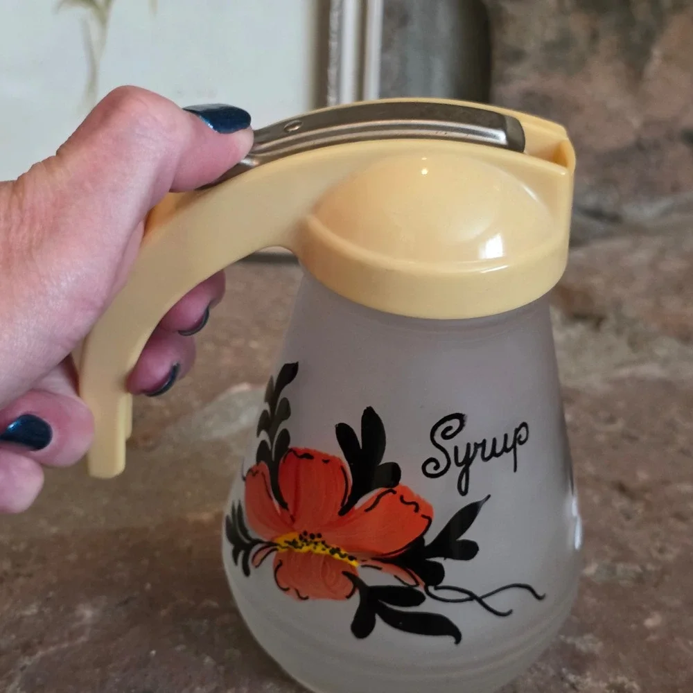 Vintage Frosted Glass Syrup Dispenser Hand Painted Floral Retro Kitchenania MCM